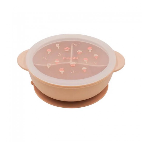 Combi Silicone Divided Suction Bowl with Lid -  Cream / Pink