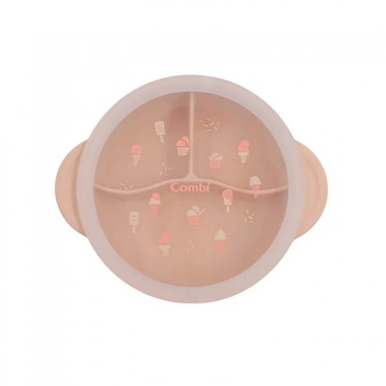 Combi Silicone Divided Suction Bowl with Lid -  Cream / Pink