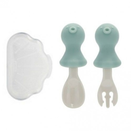 Edison Self-feeding Silicone Spoon & Fork Case Set - Mint Octopus