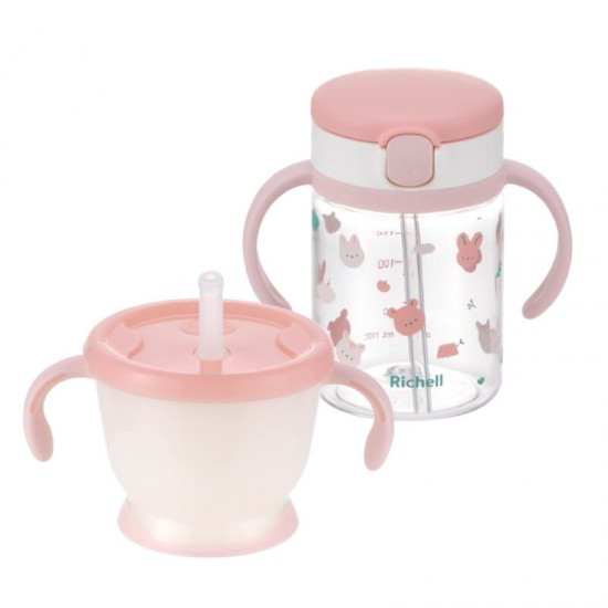 Richell Aquela Straw Training Mug & Straw bottle mug - Pink Forest